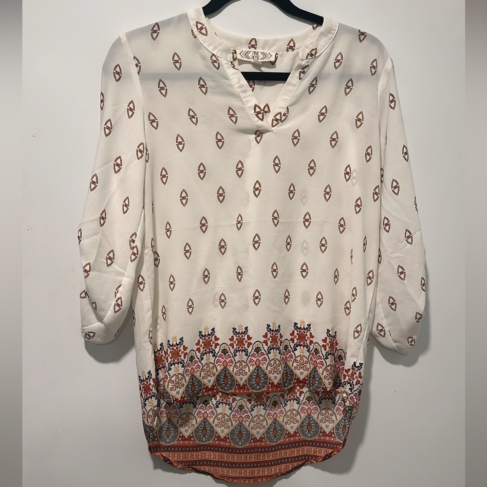 Hi-Low White & Boho Print Blouse by Pink Rose Size Small
